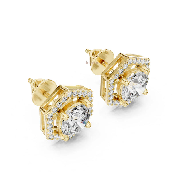 Hexagon shape round diamond halo stud earrings in yellow gold for womens