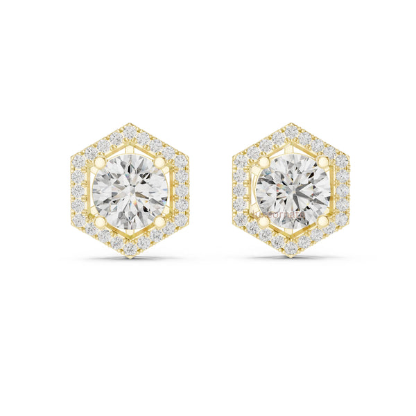 Hexagon shape round diamond halo stud earrings in yellow gold for womens