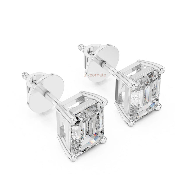 Luxury emerald cut diamond earring with modern gold prong setting, Daily wear earrings