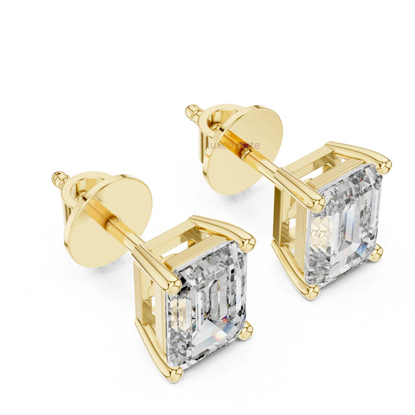 Luxury emerald cut diamond earring with modern gold prong setting, Daily wear earrings