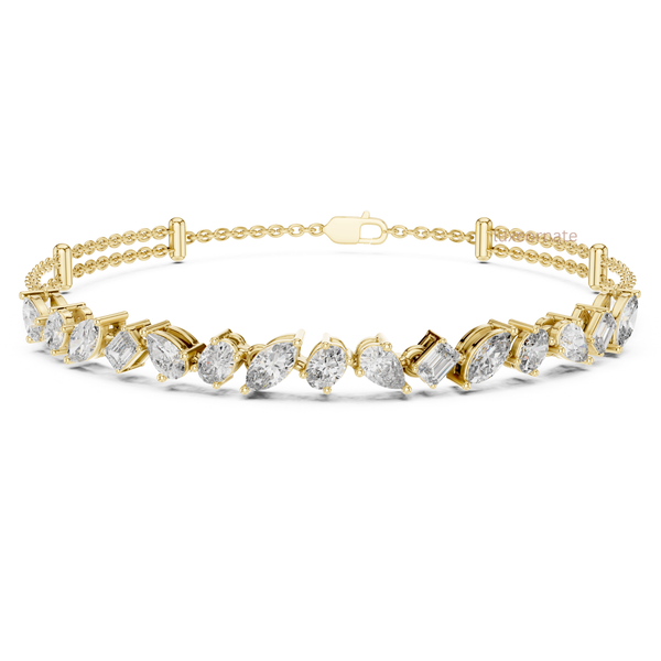Multi shape lab grown diamond tennis bracelet in 14k yellow gold luxury jewelry