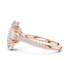 Rose gold pear shaped diamond ring side profile with split shank pavé band and detailed basket setting.