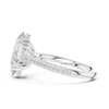 White gold pear cut diamond engagement ring side view with pavé diamonds and elevated gallery.