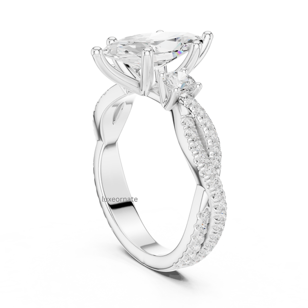 Rear view white gold marquise cut diamond ring with round side stones and double pavé band.