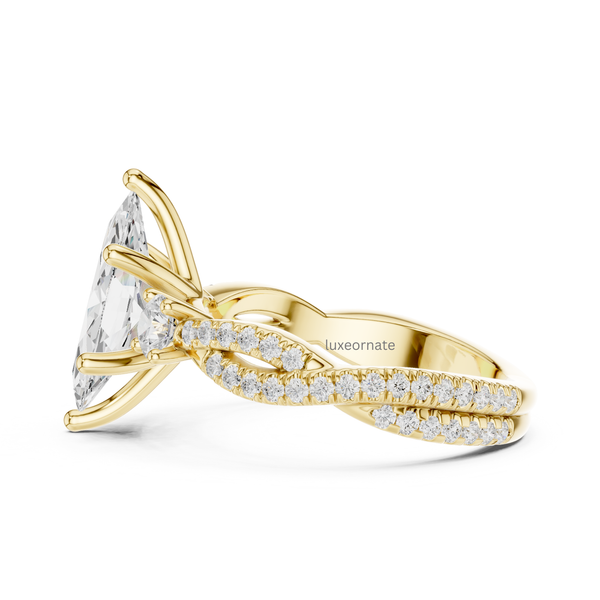 Side view of yellow gold marquise diamond ring with round side stones and pavé split shank.