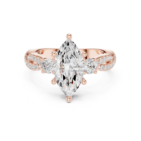 Rose gold marquise cut diamond ring with round side diamonds and twisted pavé band.