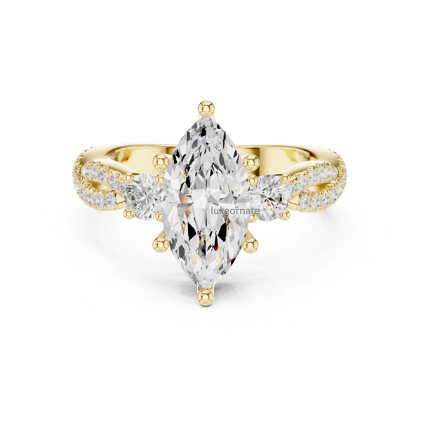 Yellow gold marquise cut diamond engagement ring with round side diamonds and split pavé band.