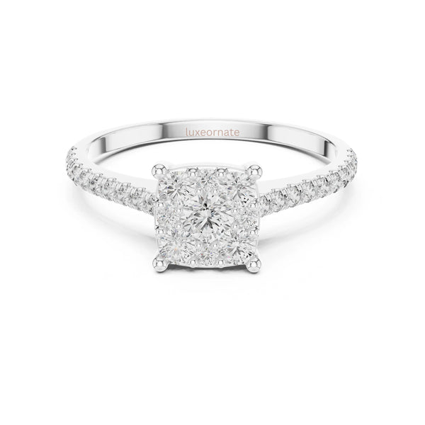 Modern engagement ring with cluster diamonds and pave shank gifting ring jewelry