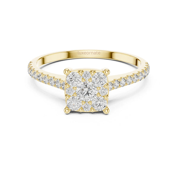Cushion cluster lab grown diamond ring in 14k yellow gold engagement jewelry