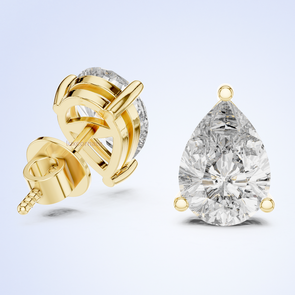 Pear cut lab grown diamond stud earrings in gold three prong setting