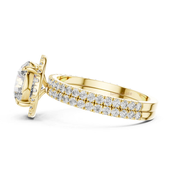 Designer round halo diamond ring double pavé shank gold band