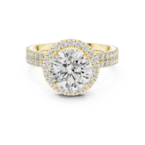 Round halo lab grown diamond engagement ring in 14k yellow gold