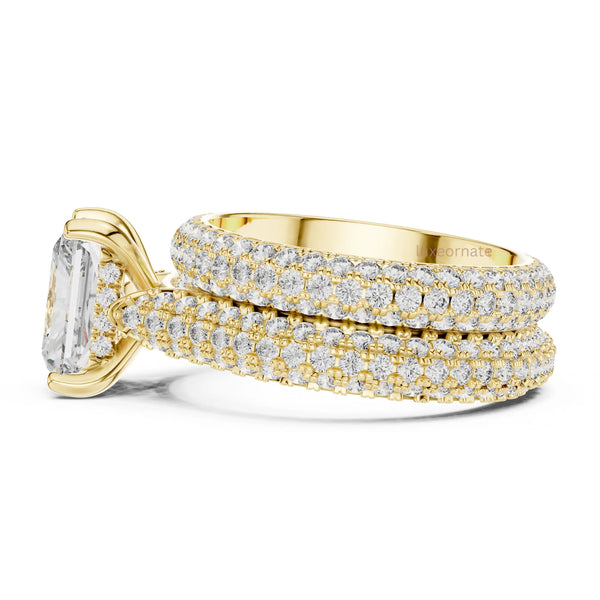 Luxury radiant & round cut diamond engagement ring with double pavé band