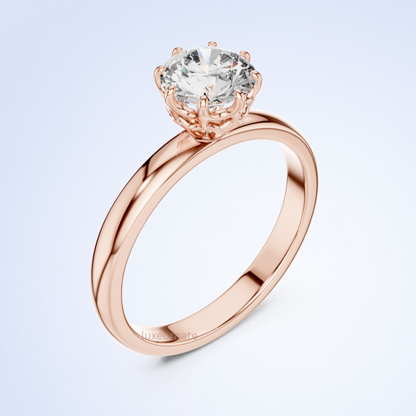 Round cut lab grown diamond solitaire ring in 14K yellow gold classic six prong setting luxury engagement ring by Luxeornate