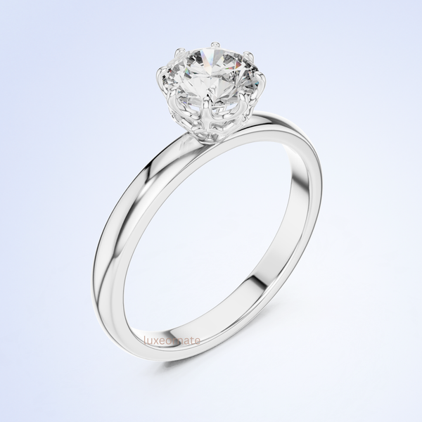 Round cut lab grown diamond solitaire ring in 14K yellow gold classic six prong setting luxury engagement ring by Luxeornate