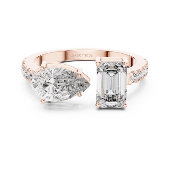 Toi Et Moi lab grown diamond ring with pear and emerald cut stones in 14k rose gold pavé band engagement jewelry