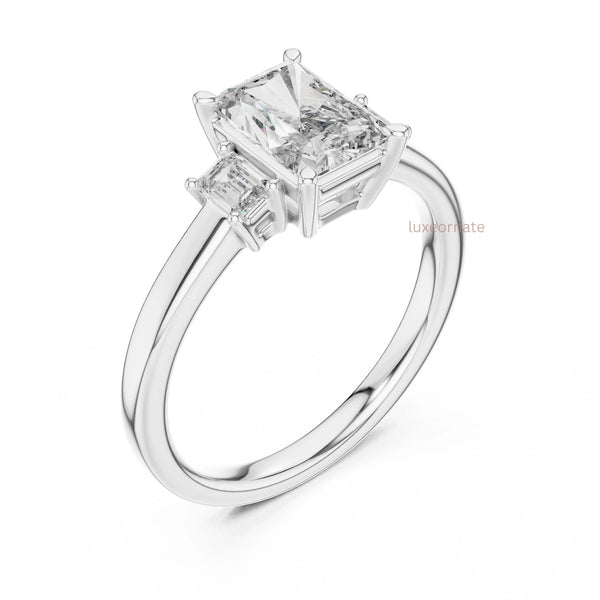 Modern radiant cut emerald side stone diamond ring birthday gift jewelry