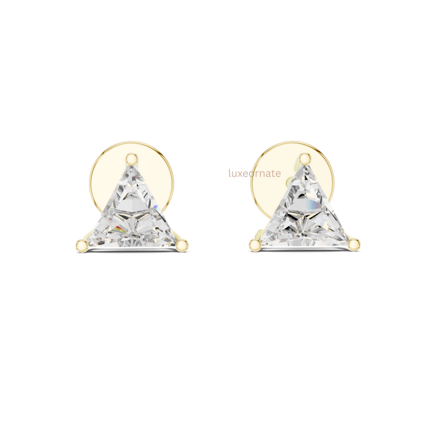 Solid gold triangle/trillion diamond stud earrings push back setting luxury jewelry design 