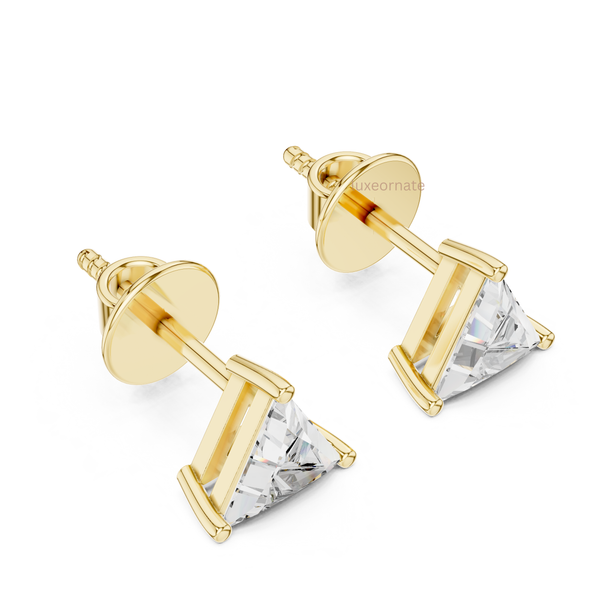 Solid gold triangle/trillion diamond stud earrings push back setting luxury jewelry design 