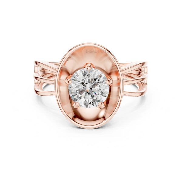 Modern rose gold round diamond solitaire ring with sundisc bezel