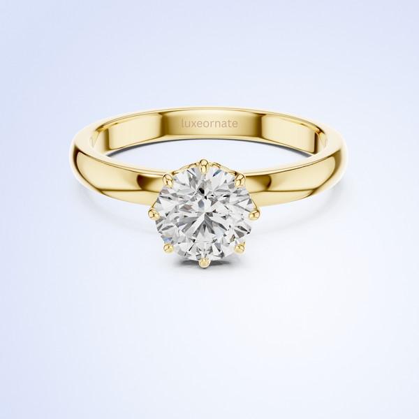 Round cut lab grown diamond solitaire ring in 14K yellow gold classic six prong setting luxury engagement ring by Luxeornate