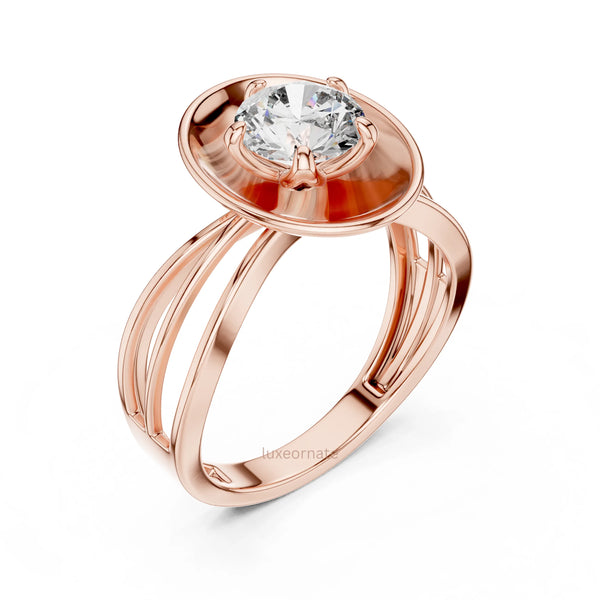 Modern rose gold round diamond solitaire ring with sundisc bezel