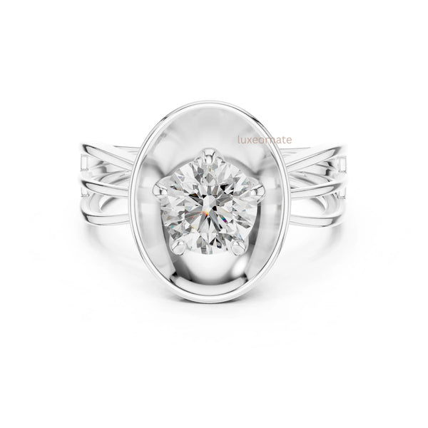 Modern white gold round diamond solitaire ring with sundisc bezel