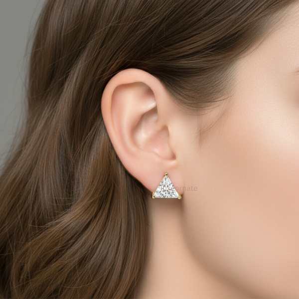 Solid gold triangle/trillion diamond stud earrings push back setting luxury jewelry design 