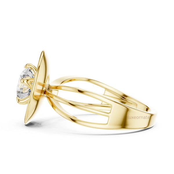 Modern yellow gold round diamond solitaire ring with sundisc bezel