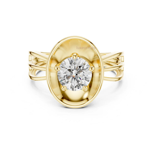 Modern yellow gold round diamond solitaire ring with sundisc bezel