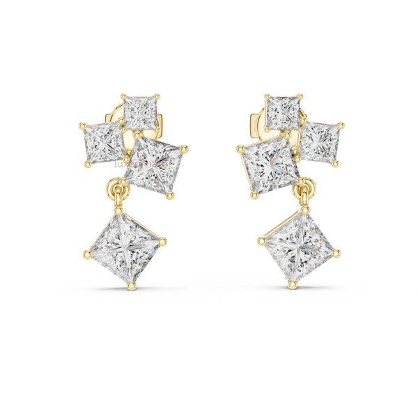Princess cut lab grown diamond drop earrings in yellow gold