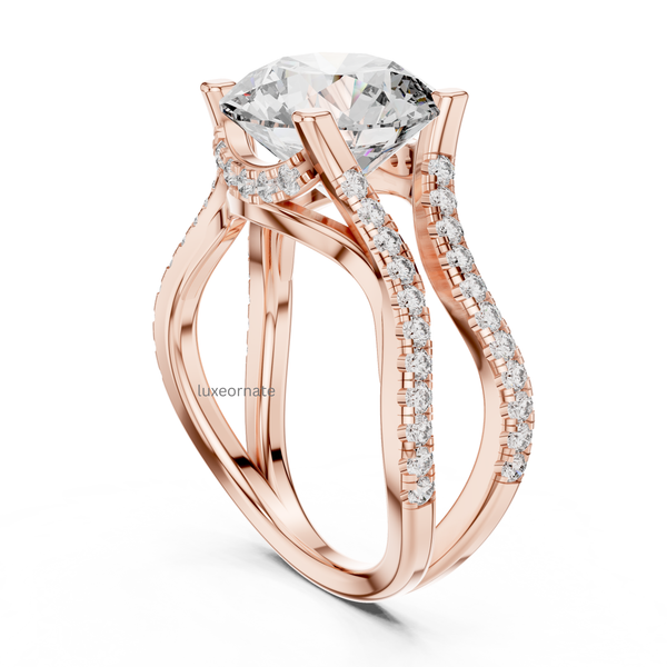 Angled view rose gold round cut diamond engagement ring with double split shank pavé design.