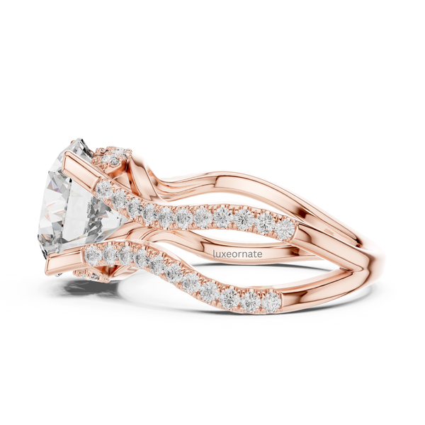 Side profile rose gold round brilliant diamond engagement ring with split pavé band.