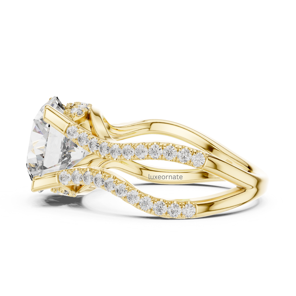 Side profile yellow gold round diamond engagement ring with double split pavé band.