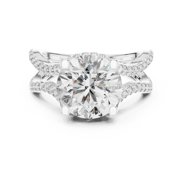 Front view white gold round cut diamond engagement ring with split pavé band.