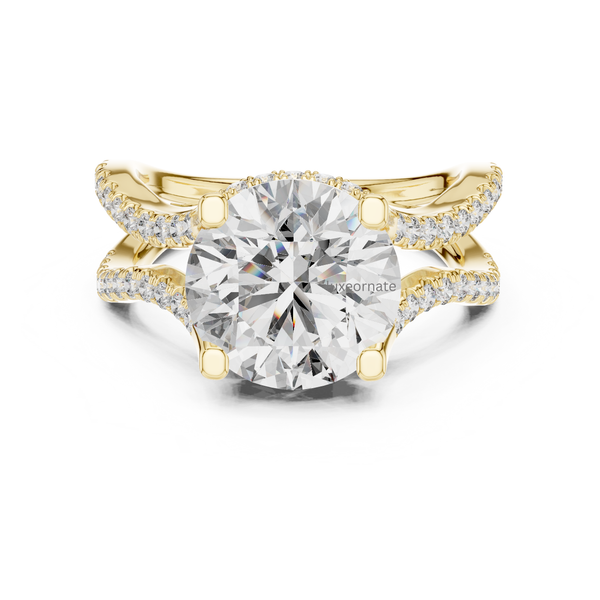 Front view yellow gold round brilliant diamond engagement ring with split shank pavé setting.