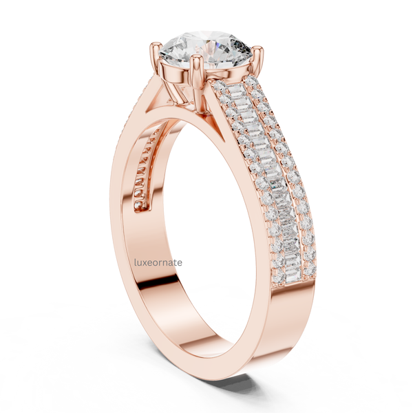 Rose gold round cut solitaire engagement ring with triple row pavé and baguette diamonds, lab grown diamond bridal ring, luxury romantic jewelry.