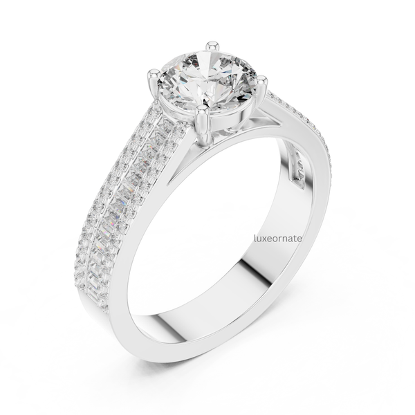 White gold round brilliant solitaire ring with multi row pavé and baguette diamond band, lab grown diamond engagement ring, elegant bridal jewelry.