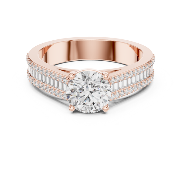 Round cut solitaire diamond ring in rose gold with double row pavé and baguette band, lab grown diamond engagement ring, romantic bridal jewelry.