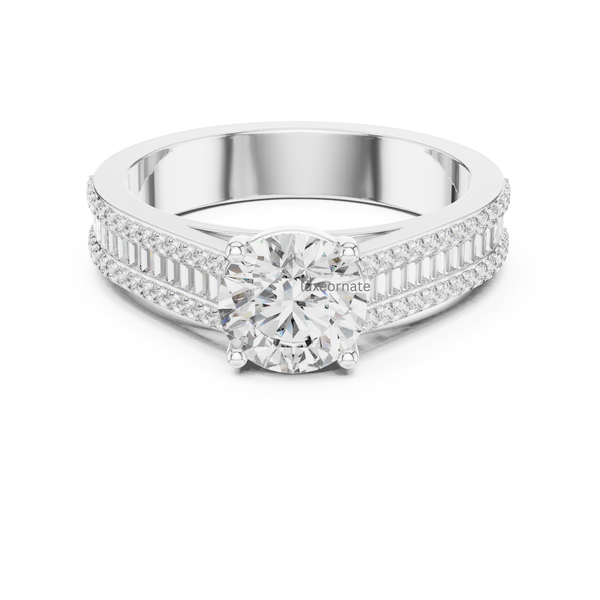 Round brilliant solitaire engagement ring in white gold with baguette and pavé diamond band, lab grown diamond ring, modern bridal fine jewelry.