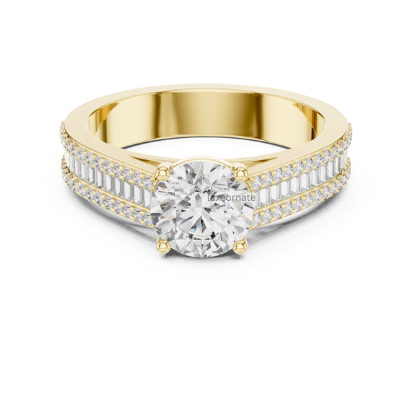 Round cut lab grown diamond solitaire ring in yellow gold with double halo pavé and baguette diamond band, four prong engagement ring, luxury bridal jewelry.