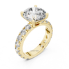 Angled yellow gold round solitaire engagement ring with pavé diamond half eternity band, lab grown diamond bridal ring, elegant luxury jewelry.