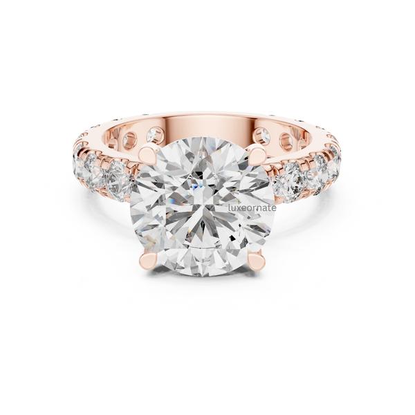 Rose gold round cut solitaire ring with pavé diamond band, lab grown diamond engagement ring, romantic bridal jewelry, luxury fine ring.