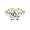 Yellow gold round cut solitaire engagement ring with half eternity pavé diamond band, lab grown diamond ring, classic bridal jewelry, luxury fine design.
