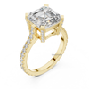 Angled yellow gold emerald cut solitaire engagement ring with pavé diamond band and hidden halo detail, lab grown diamond bridal ring.