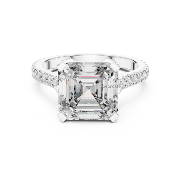 White gold emerald cut lab grown diamond engagement ring with pavé set band, rectangular step cut solitaire, elegant bridal jewelry, luxury ring.