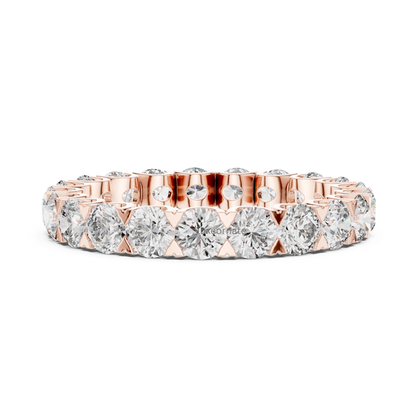 Front close view rose gold round brilliant diamond eternity band with shared prong diamonds, luxury anniversary ring.