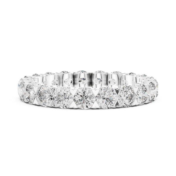 Front close view white gold round cut lab grown diamond eternity ring with full shared prong setting, bridal wedding band.