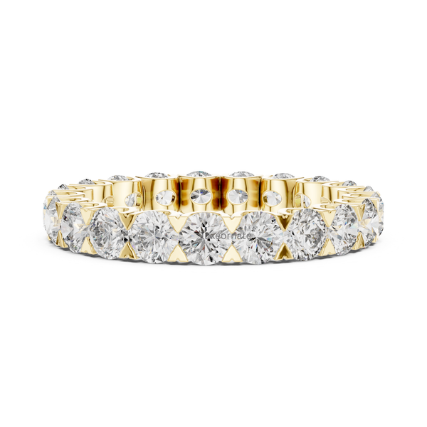 Front close view yellow gold round brilliant diamond eternity band with shared prong setting, lab grown diamond wedding ring, luxury fine jewelry.