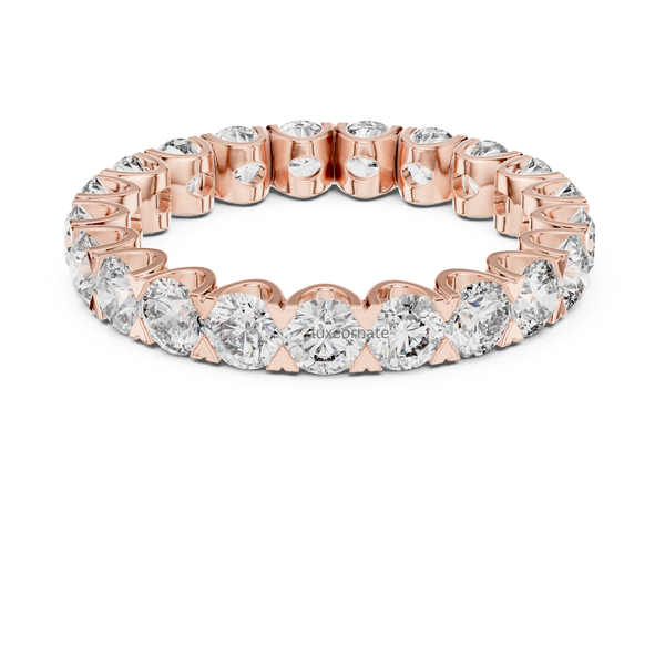 Rose gold round cut diamond eternity ring with full shared prong lab grown diamonds, romantic anniversary band, luxury bridal jewelry.